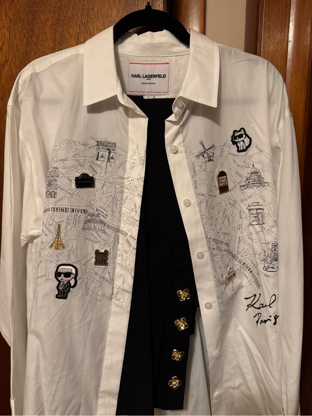 Two Piece Set Karl Lagerfeld White Embroidered Paris Map Dress shirt & Pants